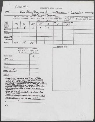 Vida Blue game summary sheet, 1976 September 06