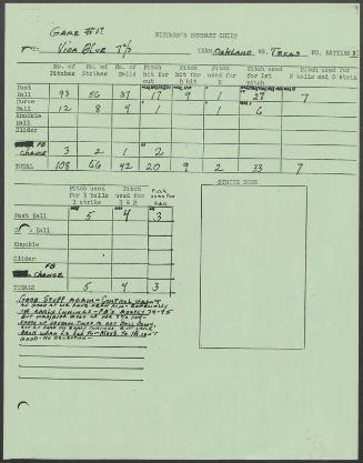 Vida Blue game summary sheet, 1976 September 18