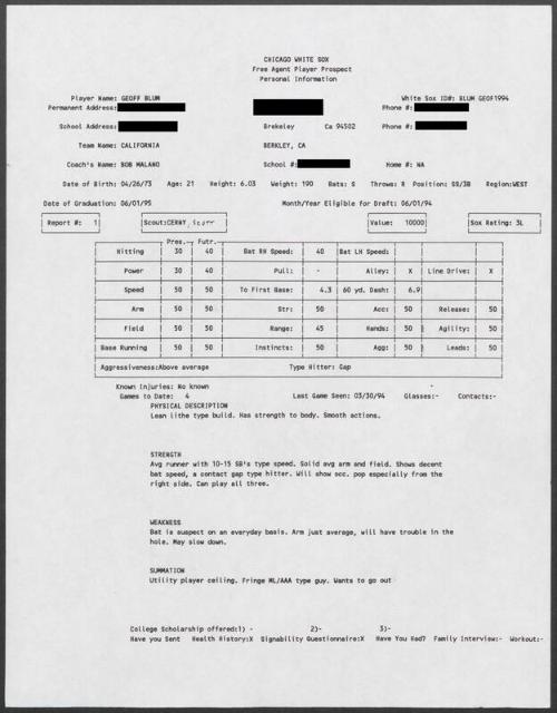 Geoff Blum scouting report, 1994 March 30