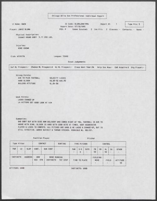 Jaime Bluma scouting report, 1995 July 18