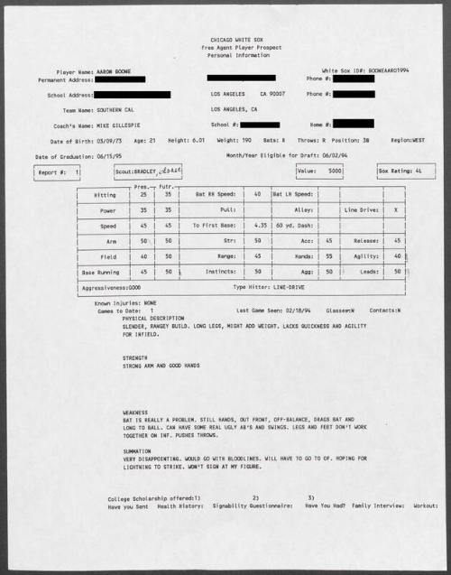 Aaron Boone scouting report, 1994 February 18