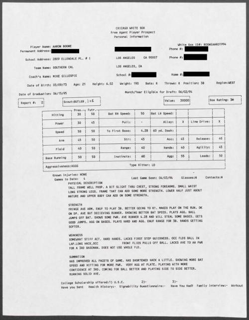 Aaron Boone scouting report, 1994 April 03