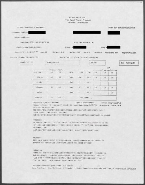 David Borkowski scouting report, 1995 April 25