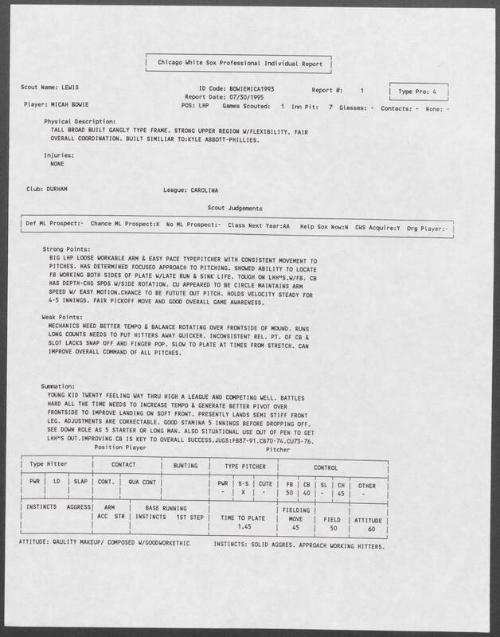 Micah Bowie scouting report, 1995 July 30