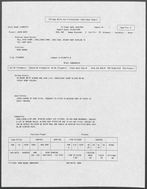 Jason Boyd scouting report, 1995 July 20