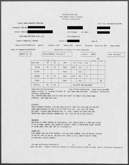 Chad Bradford scouting report, 1996 April 19