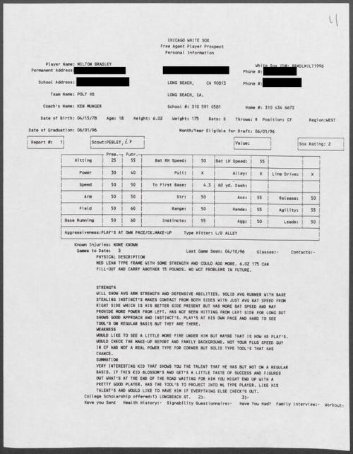 Milton Bradley scouting report, 1996 April 10