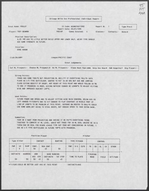 Trey Beamon scouting report, 1995 May 21