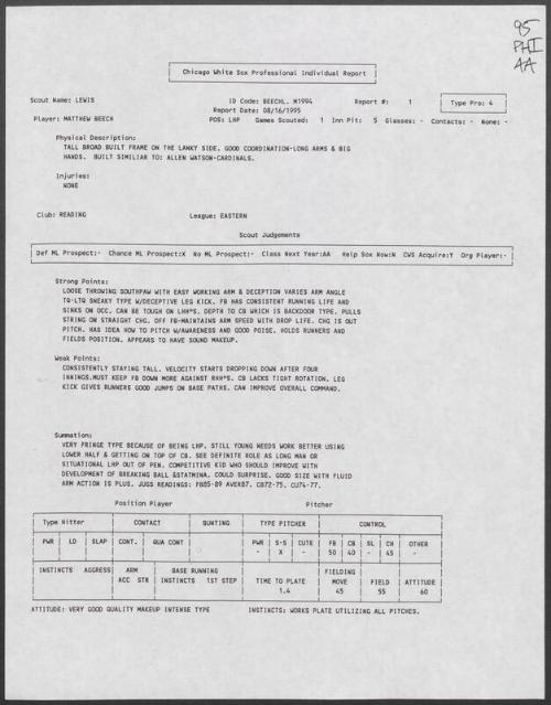 Matt Beech scouting report, 1995 August 16