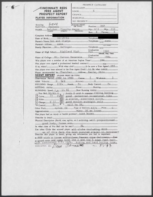 Tim Belcher scouting report, 1983 May 01