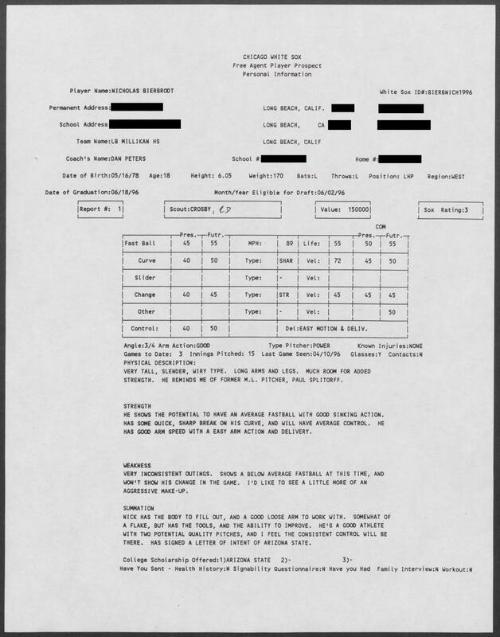 Nick Bierbrodt scouting report, 1996 April 10