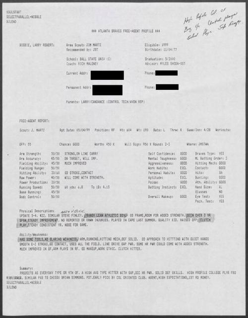 Larry Bigbie scouting report, 1999 May 04