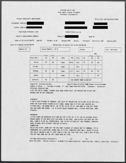 Seth Greisinger scouting report, 1996 May 15