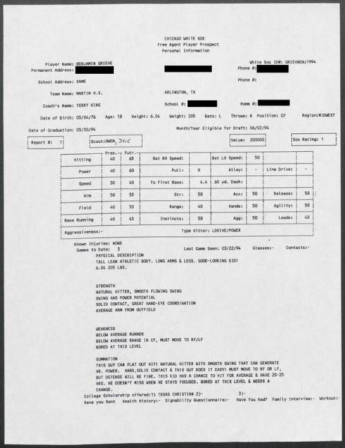 Ben Grieve scouting report, 1994 March 22