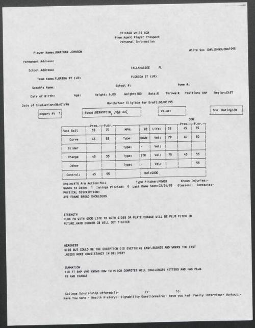 Jonathan Johnson scouting report, 1995 February 24