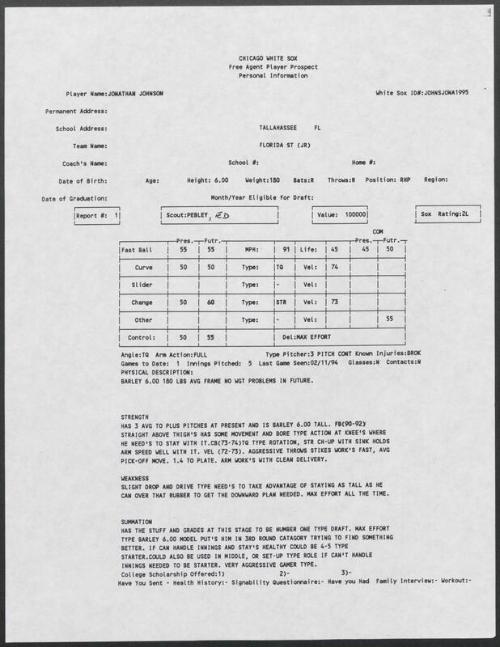 Jonathan Johnson scouting report, 1995 February 11