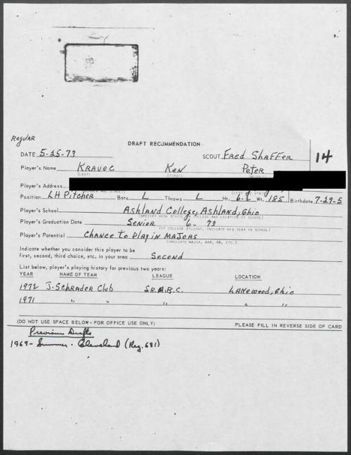 Ken Kravec scouting report, 1973 May 25