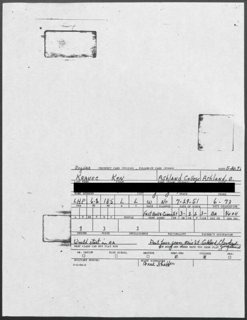 Ken Kravec scouting report, 1973 May 20