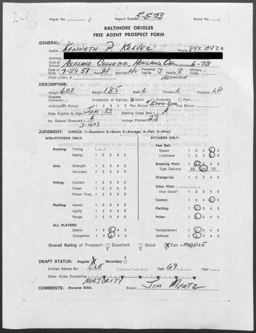 Ken Kravec scouting report, 1973 May 05