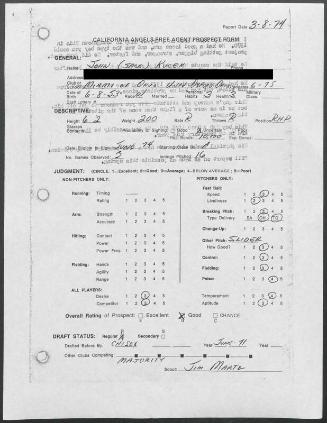 Jack Kucek scouting report, 1974 March 08