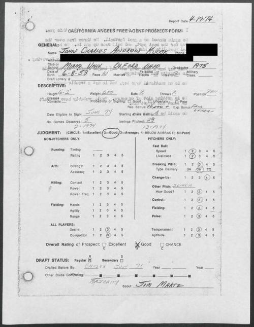 Jack Kucek scouting report, 1974 April 19