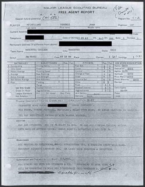 Terry Mulholland scouting report, 1984 May 18