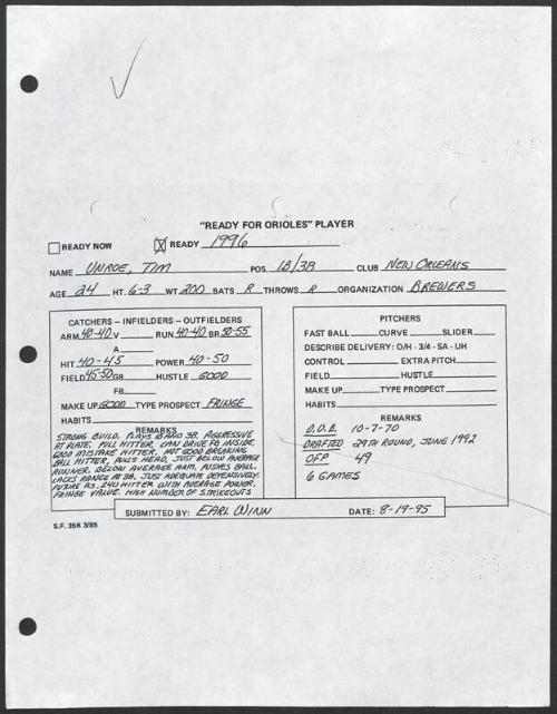 Tim Unroe scouting report, 1995 August 19