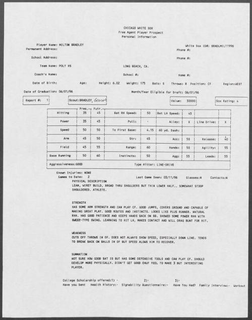 Milton Bradley scouting report, 1996 March 11