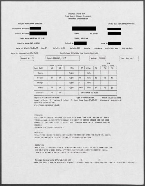 Ryan Bradley scouting report, 1997 January 25