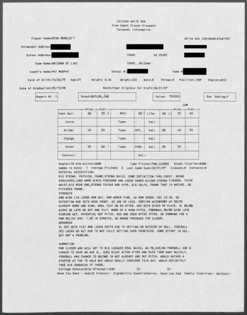 Ryan Bradley scouting report, 1997 February 01