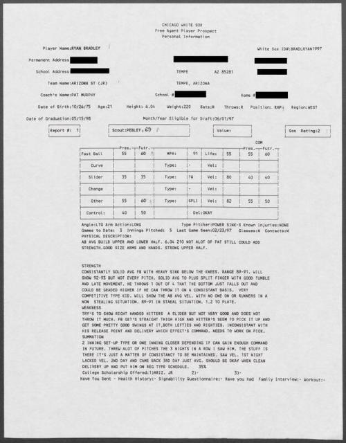 Ryan Bradley scouting report, 1997 February 23