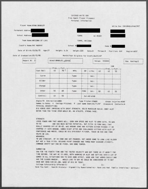 Ryan Bradley scouting report, 1997 April 11