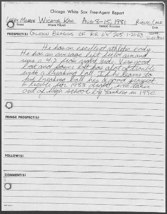 Glenn Braggs scouting report, 1981 August 08-15