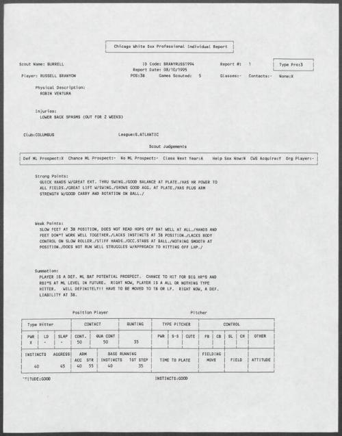 Russ Branyan scouting report, 1995 August 10