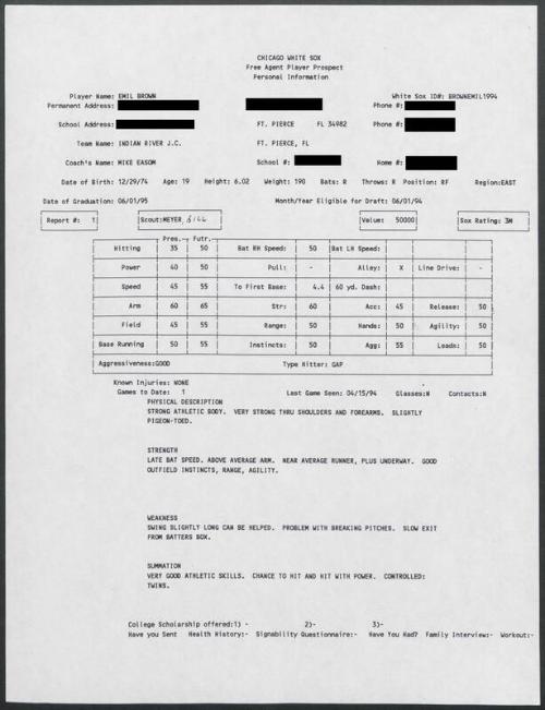 Emil Brown scouting report, 1994 April 15