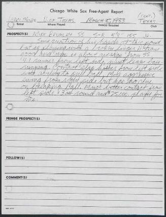 Mike Brumley scouting report, 1983 March 05