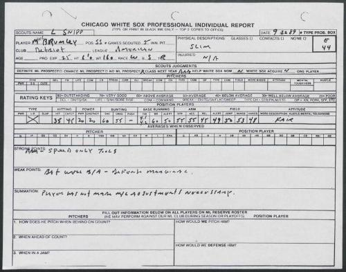 Mike Brumley scouting report, 1989 September 22