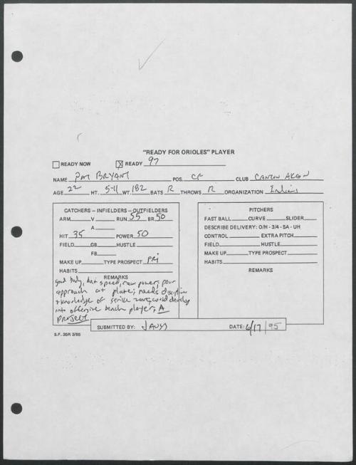 Pat Bryant scouting report, 1995 June 17