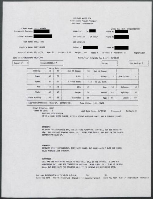 Eric Byrnes scouting report, 1997 April 29