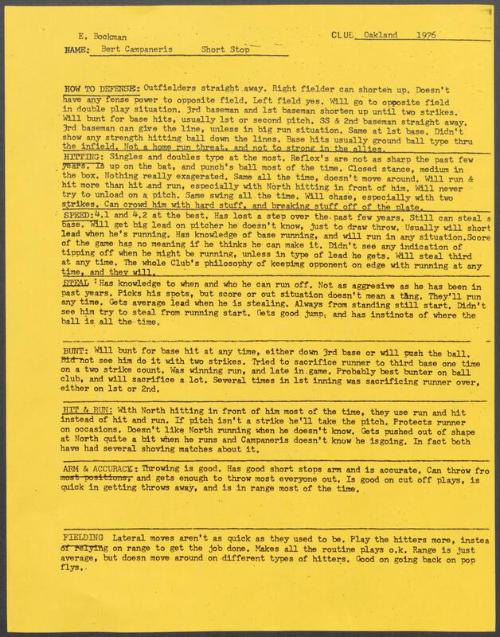 Bert Campaneris scouting report, 1976