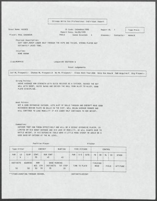 Raul Casanova scouting report, 1995 June 20