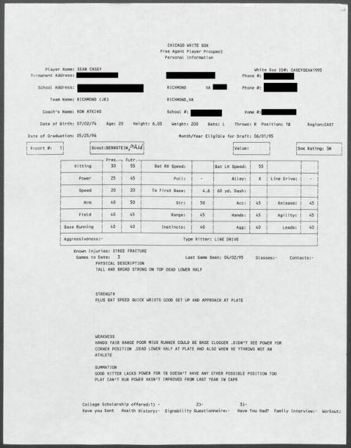 Sean Casey scouting report, 1995 April 02