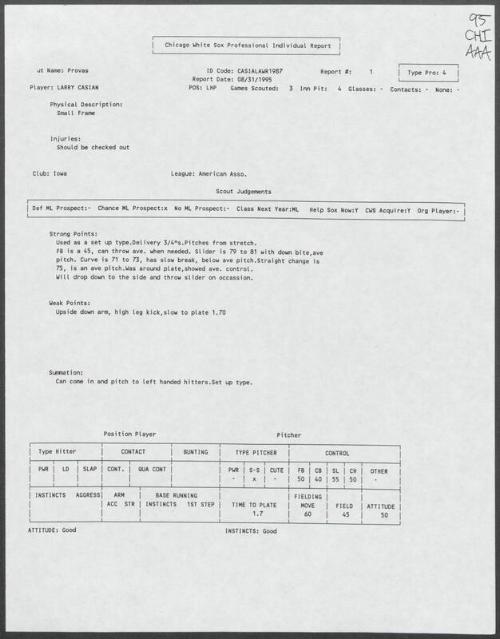 Larry Casian scouting report, 1995 August 31