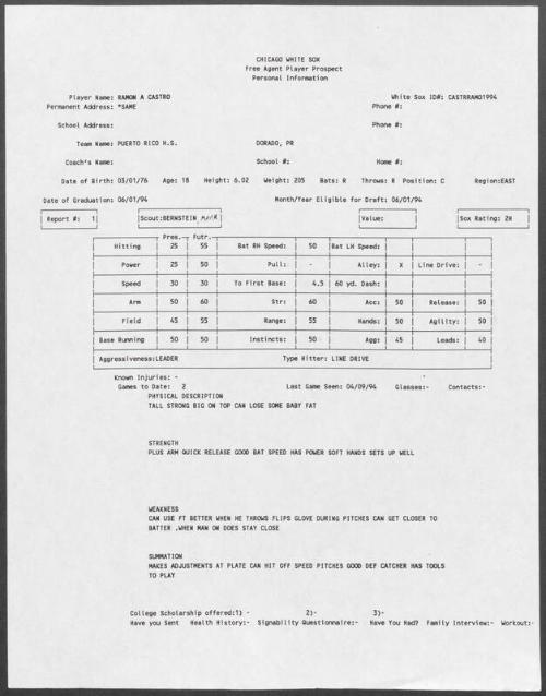 Ramon Castro scouting report, 1994 April 09