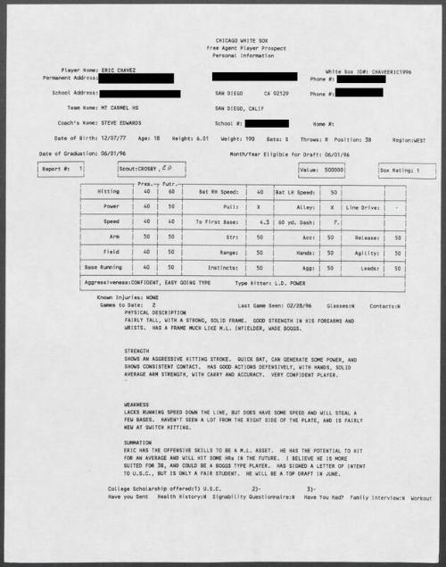 Eric Chavez scouting report, 1996 February 28