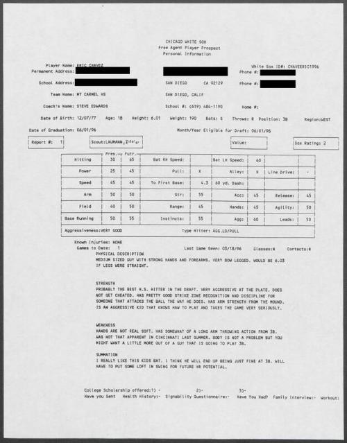 Eric Chavez scouting report, 1996 March 18