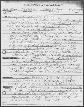 Roger Clemens scouting report, 1983 March 05