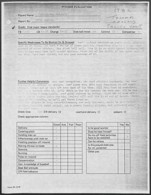 Chris Codiroli scouting report, 1982