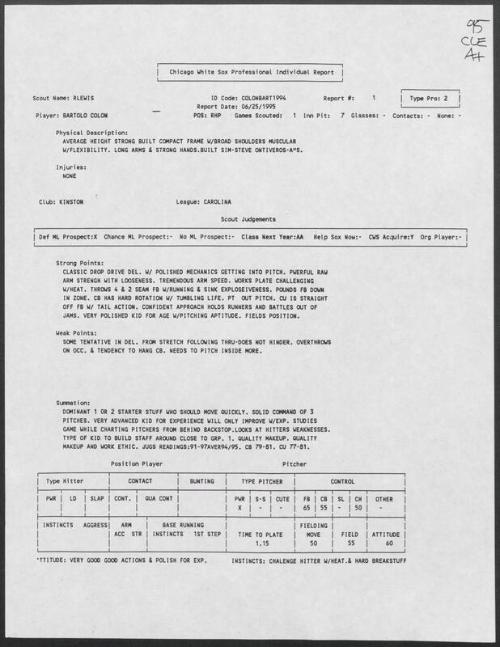 Bartolo Colon scouting report, 1995 June 25