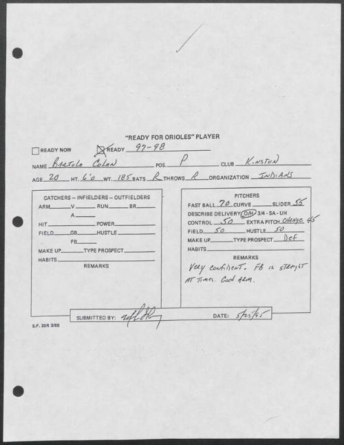 Bartolo Colon scouting report, 1995 May 25